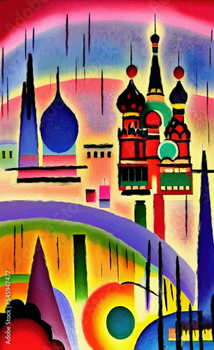 Historical center of Moskow city, Russia. Old architecture, red square. Cubism style digital artwork, modern art
