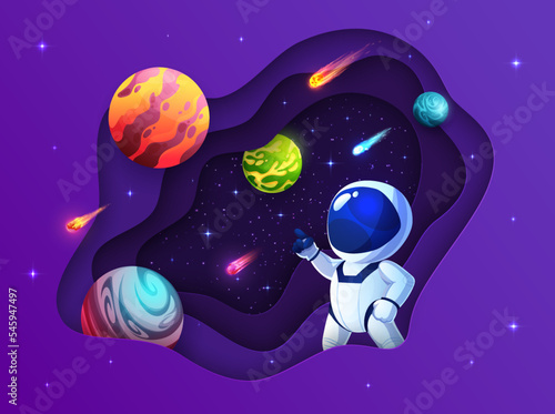 Space paper cut banner with astronaut and galaxy planets, vector universe exploration. Cartoon spaceman in space suit and helmet with alien world planets, asteroids and stars on dark sky background