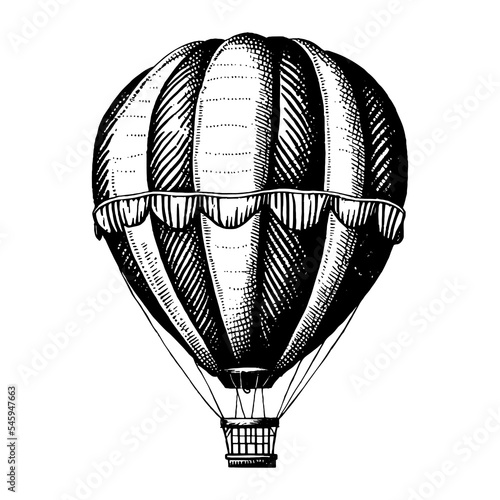 Hot air balloon. Ink sketch of aerostat isolated on white background photo