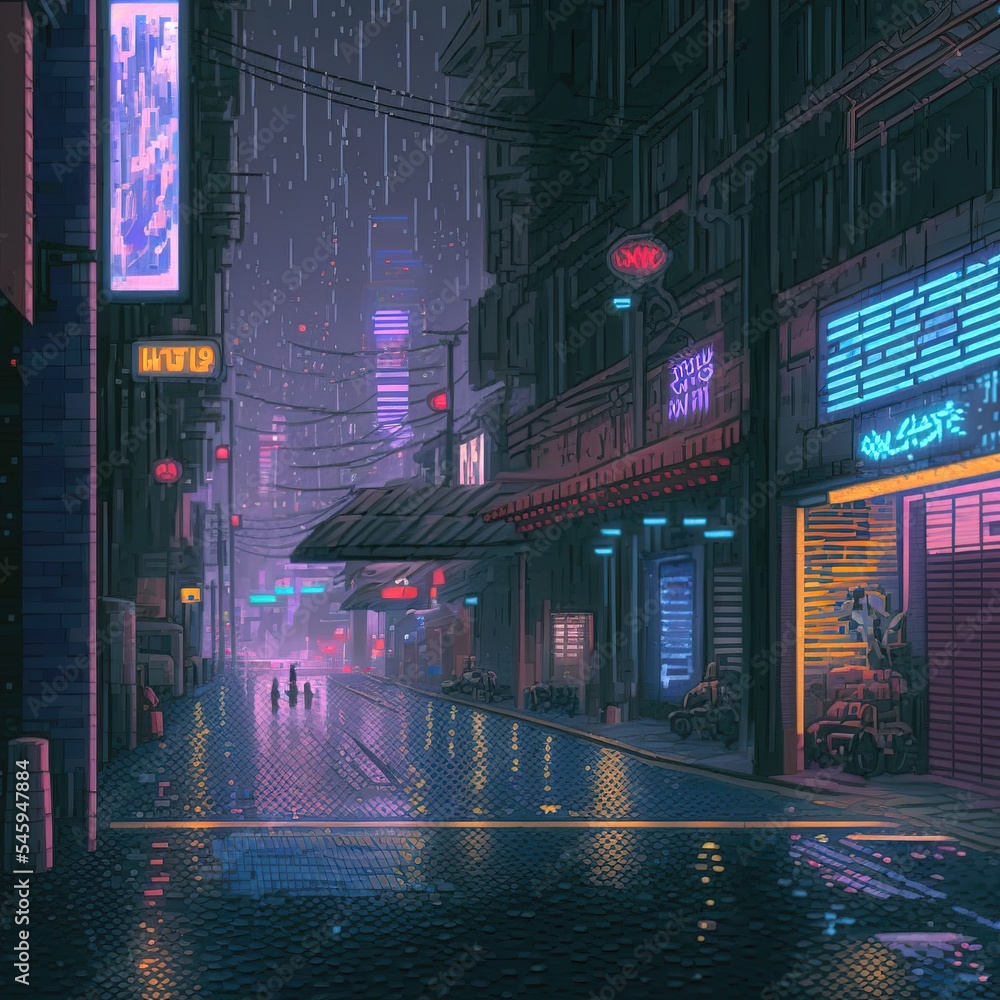 Cyberpunk neon city night. Futuristic city scene in a style of pixel art. 80's wallpaper. Retro future 3D illustration. Urban scene.