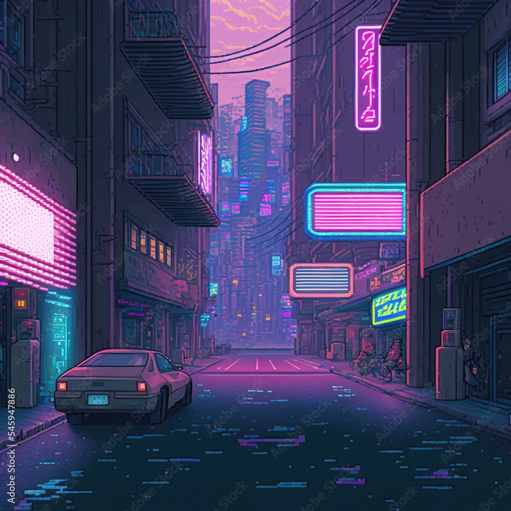 Cyberpunk neon city night. Futuristic city scene in a style of pixel art. 80's wallpaper. Retro future 3D illustration. Urban scene.