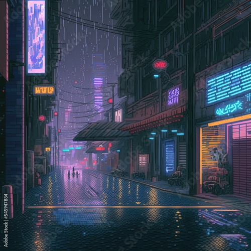 Cyberpunk neon city night. Futuristic city scene in a style of pixel art. 80 s wallpaper. Retro future 3D illustration. Urban scene.