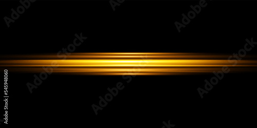Horizontal light rays, flash yellow horizontal lens flares pack, laser beams, glow yellow line on black background, beautiful light flare, bright gold glare, illustration
