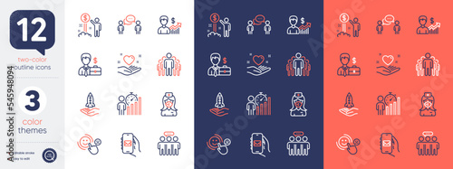 Set of Consulting business, Business growth and Crowdfunding line icons. Include Employees group, Group, Hold heart icons. Income money, Mail app, Businessman case web elements. Vector