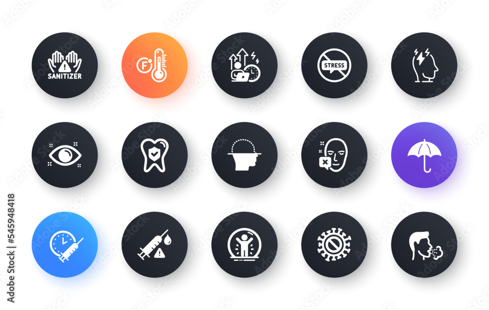 Minimal set of Dental insurance, Coronavirus and Difficult stress flat icons for web development. Face scanning, Clean hands, Stress icons. Face declined, Health eye. Circle buttons with icon. Vector Minimal set of Dental insurance, Coronavirus and Difficult stress flat icons for web development. Face scanning, Clean hands, Stress icons. Face declined, Health eye. Circle buttons with icon. Vector