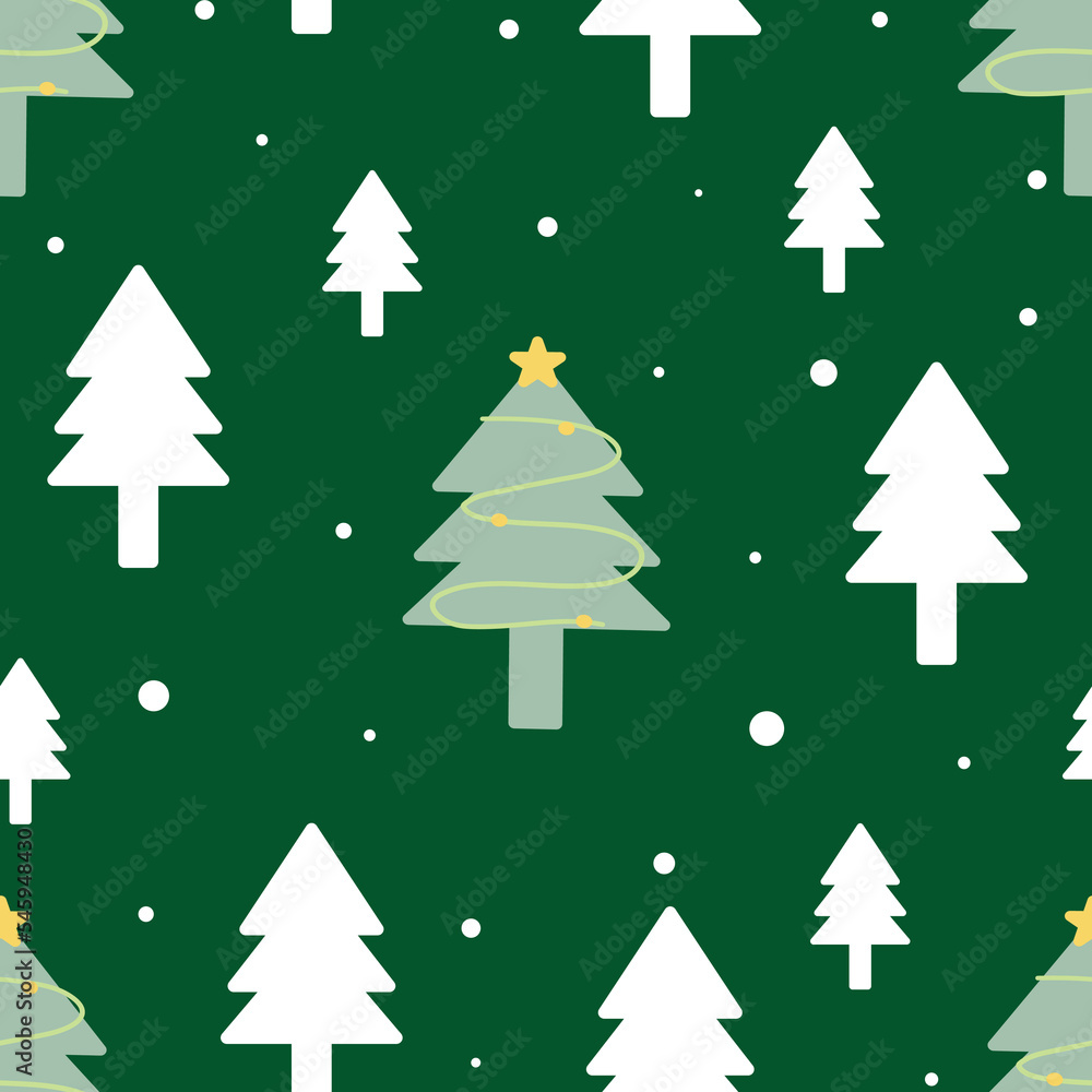 Seamless Christmas pattern with snowflakes and fir trees, cute simple style. Christmas holiday winter. Great for stationery, gift wrap, Christmas decor, home decor, invitations, backdrop, textile
