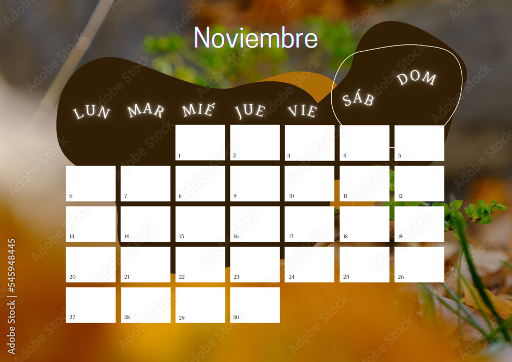 Calendario año 2023 mes de Noviembre. Calendario de naturaleza. Plantilla de calendario planificador. Tamaño de papel - obrazy, fototapety, plakaty 