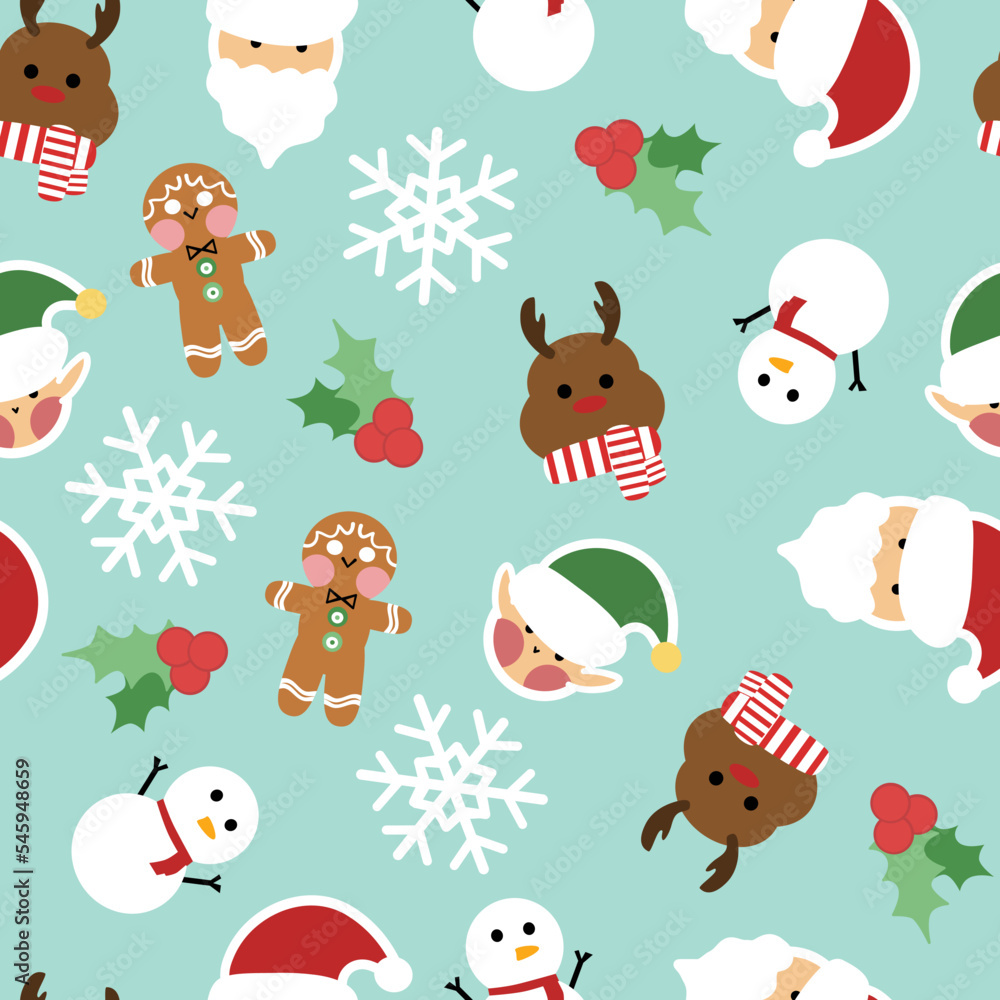 Seamless christmas pattern with cute cartoon characters on xmas. Christmas holiday winter. Great for stationery, gift wrap, Christmas decor, home decor, invitations, backdrop, textile Seamless christmas pattern with cute cartoon characters on xmas. Christmas holiday winter. Great for stationery, gift wrap, Christmas decor, home decor, invitations, backdrop, textile