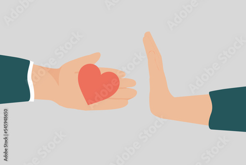 Woman or man rejects a love confession and pushes a red heart containing affection and admiration. Concept of unsolicited love declaration, relationships breakup, friend zone and broken heart.