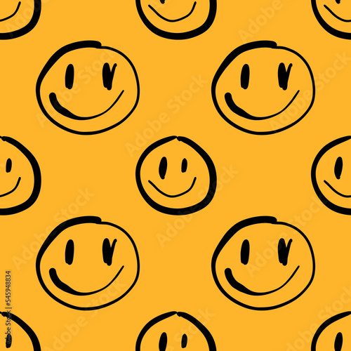 Funny liquid melt groovy cartoon smiley seamless pattern, psychedelic surreal smile emoji melting face isolated on yellow background. Hand drawn ink brush characters, grunge graffiti trippy hippie