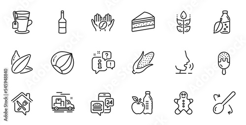 Outline set of Tea, Corn and Hazelnut line icons for web application. Talk, information, delivery truck outline icon. Include Wine, Healthy food, Gluten free icons. Vector