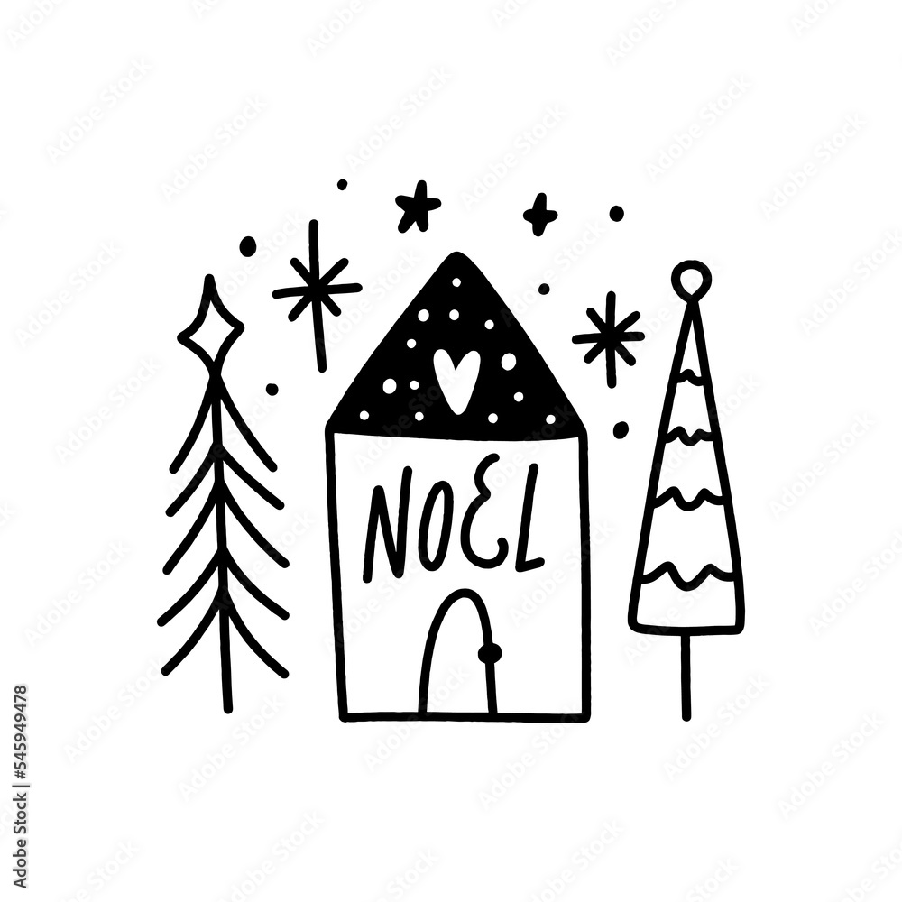 Cute little Christmas doodle cartoon house building flat vector clipart hand drawn illustration isolated on white background. Scandinavian noel Xmas minimalist art.