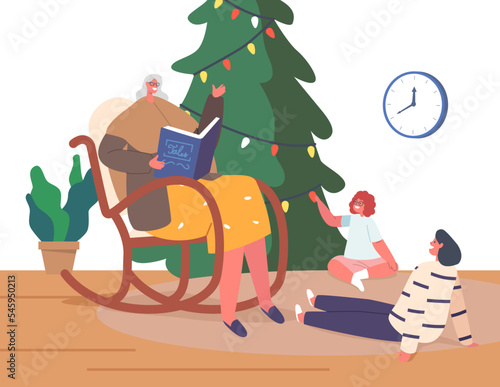Kids Visit Grandparent for Xmas Holidays. Happy Grandma Reading Book to Grandchildren Sitting nearby Vector Illustration