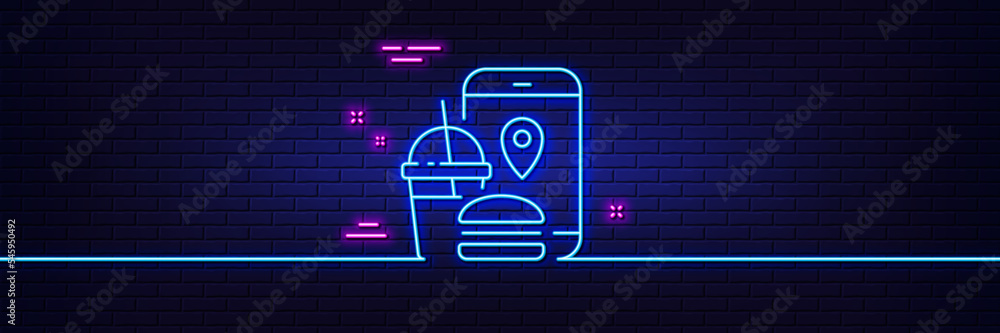 Neon light glow effect. Food delivery app line icon. Contactless meal order sign. Grocery phone application symbol. 3d line neon glow icon. Brick wall banner. Food app outline. Vector Neon light glow effect. Food delivery app line icon. Contactless meal order sign. Grocery phone application symbol. 3d line neon glow icon. Brick wall banner. Food app outline. Vector