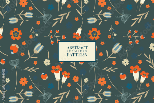 Flower bloom summer garden illustration graphic. Abstract vector seamless pattern on a dark background