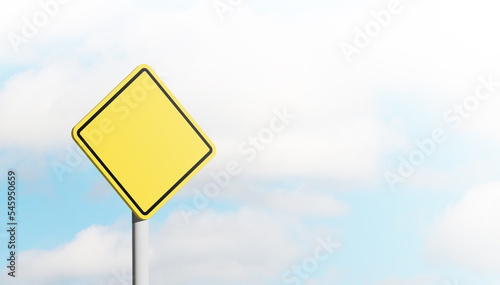 Yellow warning sign with sky background. Blank road sign. 3D illustration.