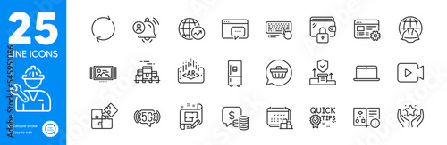 Outline icons set. Web settings, Augmented reality and Full rotation icons. World statistics, Video camera, Image carousel web elements. Global engineering, Coins, 5g wifi signs. Ranking. Vector