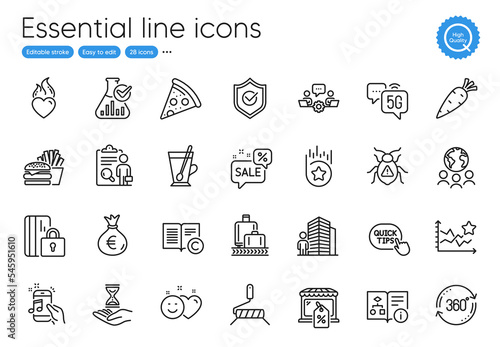Burger, Chemistry lab and Loyalty star line icons. Collection of Teamwork, Discounts bubble, Copyright icons. Ranking stars, Market sale, Software bug web elements. Heart flame. Vector