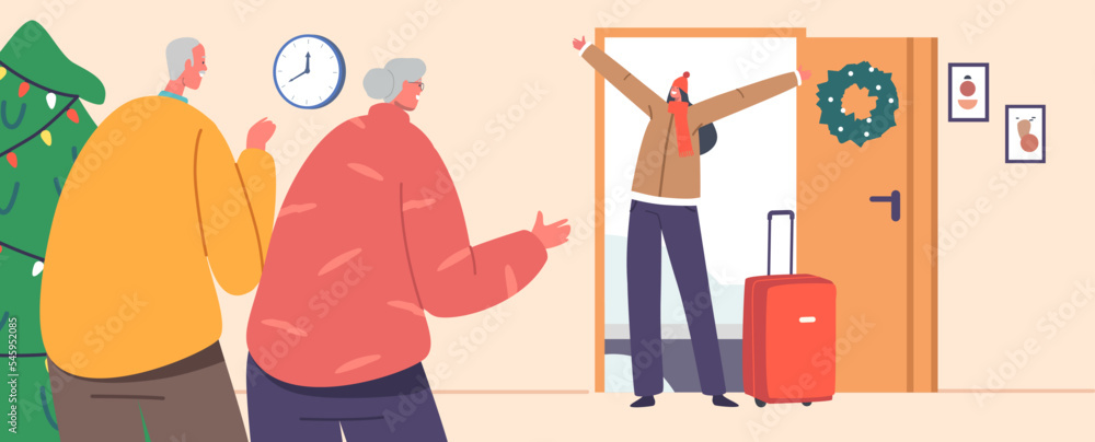 Fototapeta premium Happy Girl with Suitcase Stand at Grandparents House Door. Family Meeting for Christmas Holidays Vector Illustration