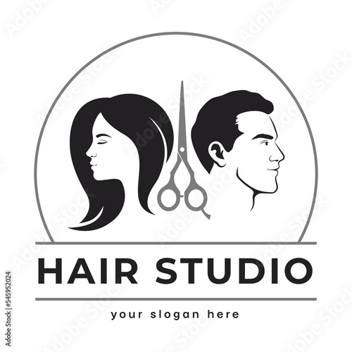 Hair studio logo. Silhouette of the profile of the head of a man and a woman with scissors