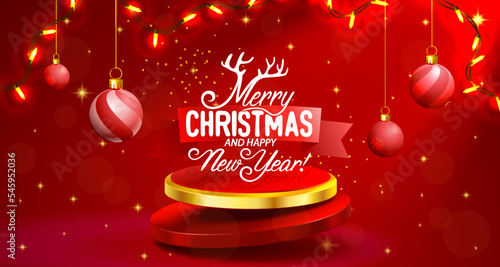 Podium Merry Christmas. shopping new year banner. Vector
