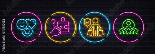 Buyer insurance, Search puzzle and Smile minimal line icons. Neon laser 3d lights. Human rating icons. For web, application, printing. Purchase coverage, Jigsaw game, Social media likes. Vector