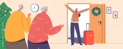 Happy Girl with Suitcase Stand at Grandparents House Door. Family Meeting for Christmas Holidays Vector Illustration