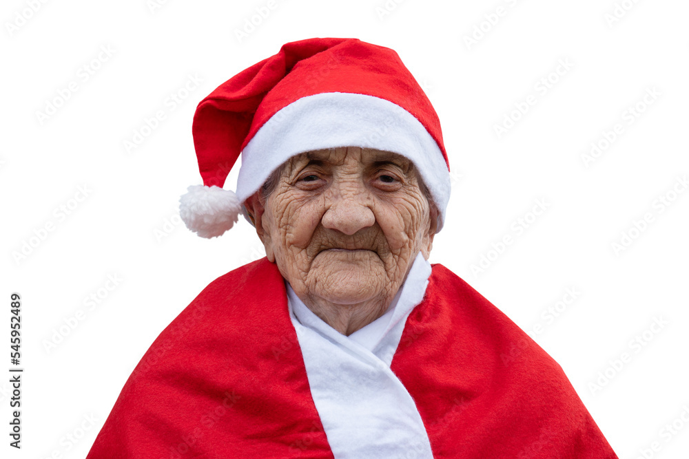 Very old woman 90 years old Mrs Claus with funny expression on isolated on transparent