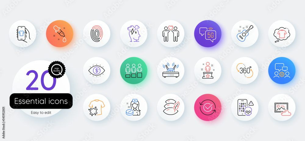 Simple set of 5g internet, Pillow and Fingerprint line icons. Include Dirty t-shirt, Photo cloud, Equity icons. Chemistry pipette, Business vision, Engineering team web elements. Nurse. Vector