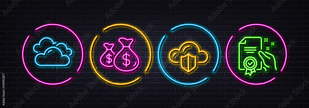 Cloudy weather, Cloud protection and Coins bags minimal line icons. Neon laser 3d lights. Certificate icons. For web, application, printing. Sky climate, Storage security, Investment. Vector
