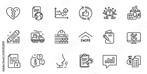 Outline set of Teamwork question, Lock and Swipe up line icons for web application. Talk, information, delivery truck outline icon. Include Inspect, Repair, Accounting wealth icons. Vector