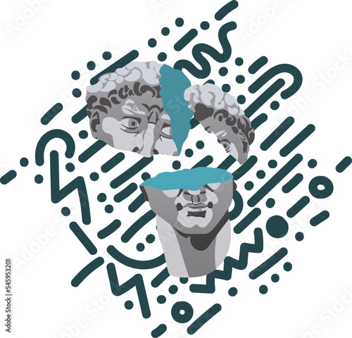 Illustration of the destroyed head of David. The marble bust is broken into three parts, turquoise color in the fracture, abstract background stripes. A modern interpretation of the old classics