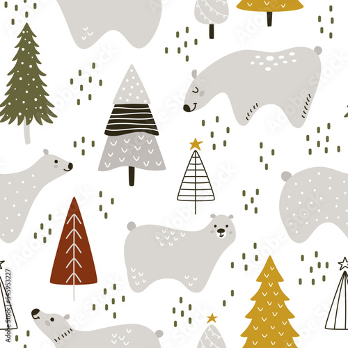 Cute gray Nordic hand-drawn bears between Christmas trees. Vector seamless pattern for Christmas and New Year celebrations.