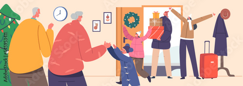 Happy Family Characters Meeting Grandparents at their Home. Mother, Father and Little Kids Arrived for Christmas Holiday