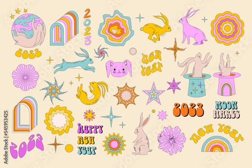 Vector set of hippie rabbits. Retro 70s styles, psychedelic shapes and colors. Hare new year