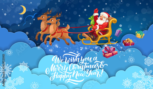Christmas paper cut sky clouds and flying santa on sleigh. Vector xmas holiday papercut design with cheerful father Noel riding reindeer sled over night cloudscape with layered 3d effect and wishes