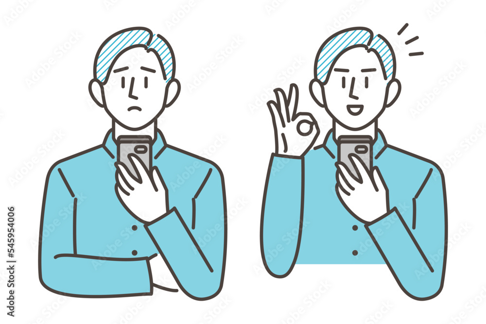 Vector illustration of young man with negative and positive expression looking at smartphone Vector illustration of young man with negative and positive expression looking at smartphone