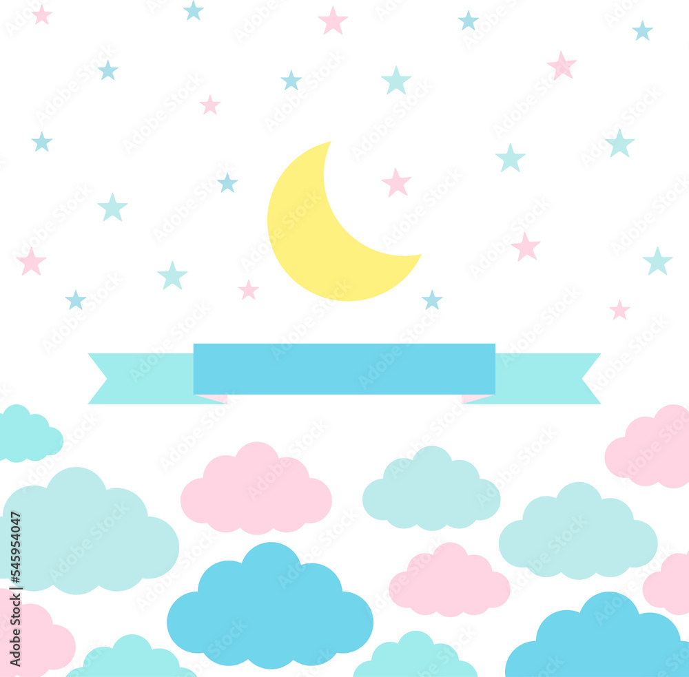 Moon, clouds and stars - night sky in pastel colors, template for design, baby illustration in flat