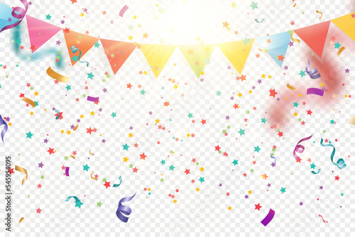 Lots of colorful tiny confetti and ribbons on transparent background. Festive event and party. Multicolor background.Colorful bright confetti isolated on transparent background. 