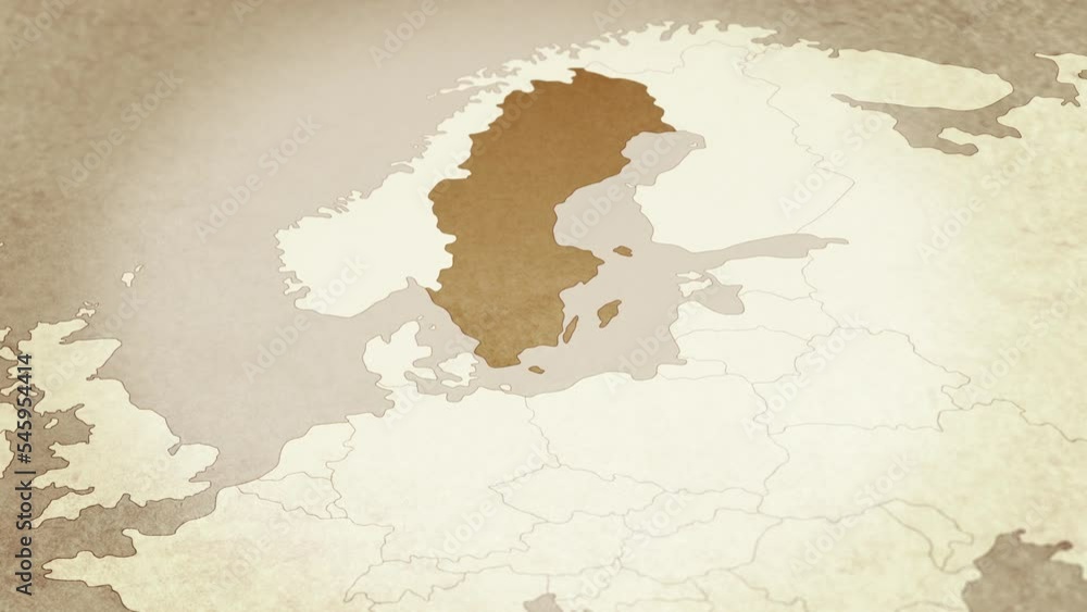 Vintage map showing Sweden. From above zooming in.