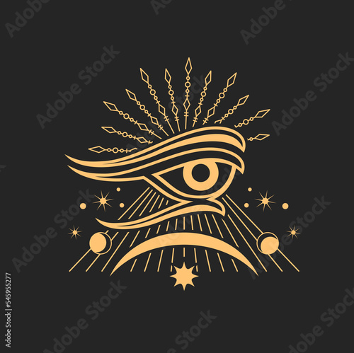 Amulet Horus eye, magic ethnic amulet, occultism vision sign, tribal chakra rays, moon and stars. Witchcraft occult esoteric sign, eye of Ra