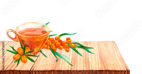 Glass transparent cup tae filled with sea buckthorn tea on wood table. Hand drawn watercolor on a white background. Forest buckthorn perfect for invitation, greeting cards and other design photo