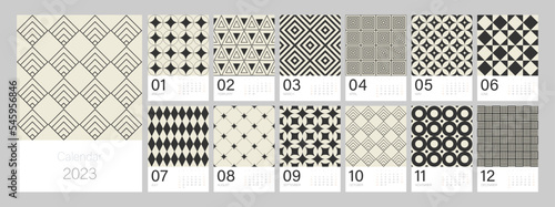 Calendar template for 2023. Vertical design with bright colorful retro geometric ornaments. Editable illustration page template A4, A3, set of 12 months with cover. Vector mesh. Week starts on Sunday.