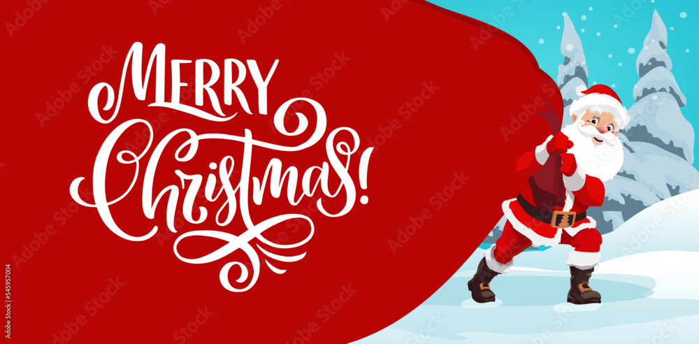 Christmas banner with Santas gift bag, vector Xmas winter holidays. Santa Claus cartoon character with festive red hat and costume carrying huge sack full of Christmas presents through snowy forest Christmas banner with Santas gift bag, vector Xmas winter holidays. Santa Claus cartoon character with festive red hat and costume carrying huge sack full of Christmas presents through snowy forest