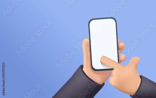 Smartphone 3D mockup banner. Holding phone in two hands. Phone template 3D render free to edit. Touching screen