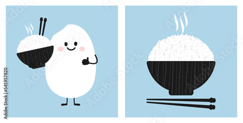 Rice bowl and rice seed cartoon with chopsticks on blue backgrounds vector illustration. Cute cartoon food for restaurant vector illustration.