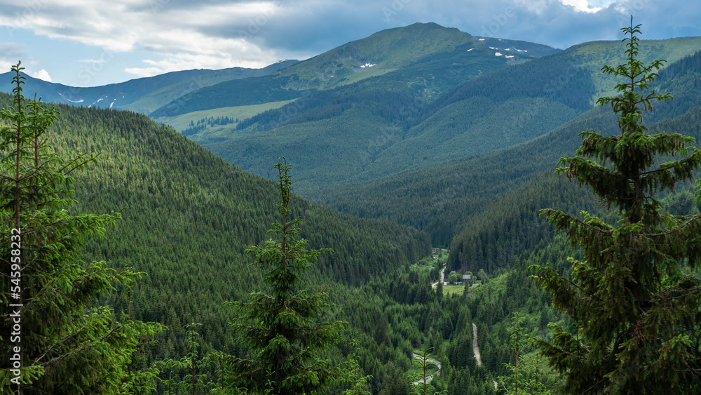 The landscape of mountains and wild forests in Transylvania, Romania.