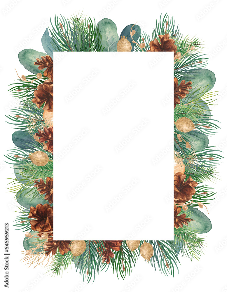 Watercolor Christmas Tree Frame Clipart, Gold Berry, Cone, Greenery