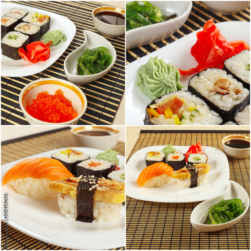Collage of traditional sushi sets on bamboo mats.