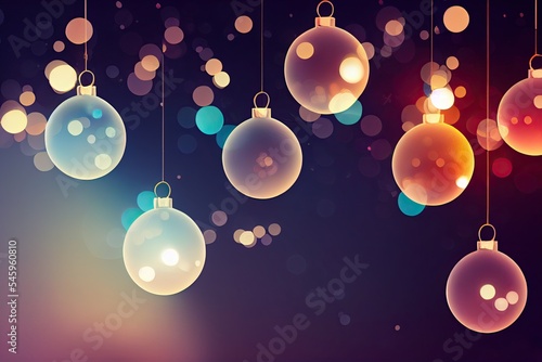 Merry Christmas background, festive xmas balls baubles decorations creative illustration, Happy New Year trendy winter decor card bokeh backdrop concept.